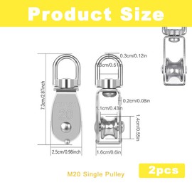 M20 Single Pulley Blocks, 304 Stainless Steel, 75kg/165lb Load Capacity for Wire Diameter 8mm, Heavy Duty Pulley Roller with 360° Swivel Hook, Washing Line Pulleys (Silver, 2 Pcs)