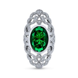Vintage Style Filigree Emerald Green Oval CZ Full Finger Ring Simulated Emerald Silver Plated Brass - Statement Jewelry