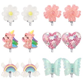 Unicorn Clip On Earrings for Girls, Girls Butterfly Jewelry Dress Up Earrings and Princess Flower Play Earrings Set for Kids, 6 Pairs