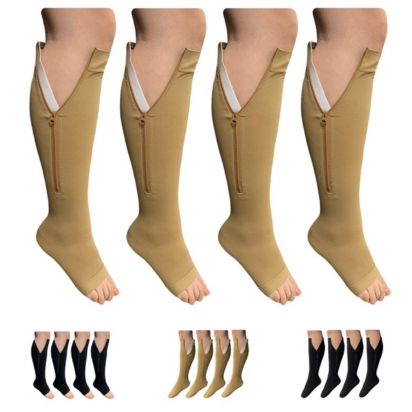 HealthyNees Open or Closed Toe 20-30 mmHg Zipper Compression Medical Leg Socks (2 Pairs Open Toe Beige, 3X-Large)