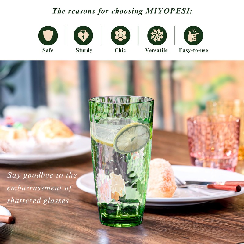 MIYOPESI 26oz Green Acrylic Glasses Drinkware (Set of 6), Hammered