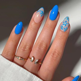 Press on Nails Short Fake Nails Almond Glue on Nails Flowers Acrylic Nails Blue Full Cover Nails Press ons Simple Artificial Reusable False Nails Glossy Stick on Nails for Women 30 Pcs