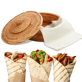 Wenqik 10 Inches Tortilla Warmer 2 Cotton Towel Cloth Handcrafted Rattan Tortilla Holder with Lid Rustic Mexican Tortilla Basket for Pancake Taco Bread (Classic Style)