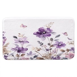 YDIDIAN Purple Floral Spring Bath Mat, Farm Watercolor Flower Leaves and Butterfly on Country Wooden Bath Rug for Bathroom, Rustic Farmhous Kitchen Bath Mat Soft Non Slip Bath Rugs 17X29IN