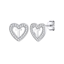 Sterling Silver Letter Earring Studs, Dainty Small Cubic Zirconia Initials T Ear Charm, 925 Silver Earrings for Sensitive Ears
