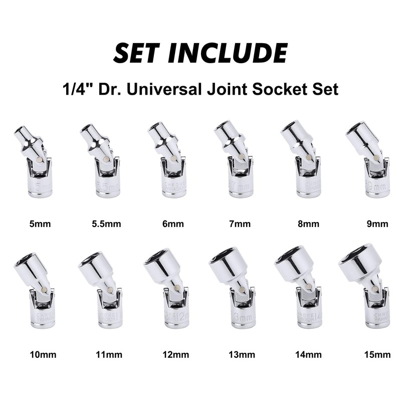 CASOMAN 12PCS 1/4" Drive Universal Flex Socket Set, Metric, 5mm
