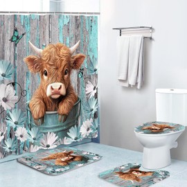 Sokdcam Highland Cow Bathroom Sets with Rugs and Accessories, Farmhouse Cow Daisy Flower Shower Curtain Decor with Non-Slip Bath Mat Toilet Cover U Shaped Mat Set 4 Pcs