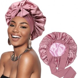 Double Layer Satin Silk Hair Sleeping Cap with Ribbon Bow Dark Purple + Light Purple, Free Size 4ea