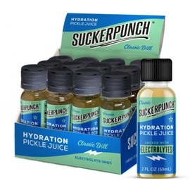 Suckerpunch Electrolyte Pickle Juice Shot, Dill Flavored, Gluten Free, Post Workout, Sports Drink, Hydration, Low Calorie, Muscle Cramp Defense, Potassium, Keto Friendly, Low Sugar, Non GMO, 2oz, 12ct