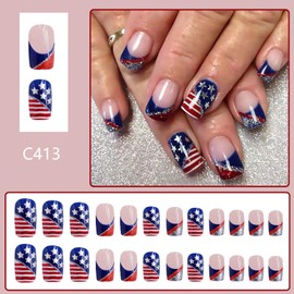 Vopintpy Independence Day Press on Nails Medium Square Fake Nails with Design 4th of July Glossy Stick on Nails Glitter Stripe Star Acrylic Glue on Nails Patriotic American Flag False Nails for Women