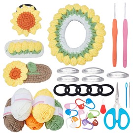 WEBEEDY 6 Sets Sunflower Hair Clips Crochet Kit with Step-by-Step Video Tutorials,Floral Hair Ties Knitting Kits for Crocheting and Knitting Hair Accessory Decoration Supplies Christmas Cute Gifts