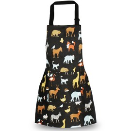 Children Aprons, Pure Cotton Canvas Kids Aprons with Adjustable Neck Strap and Pocket Animal Print Child Chef Aprons for Boys and Girls Cooking Baking Painting Aprons in 2 Sizes (Black 2, L)