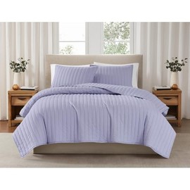 3-Piece Cool Crisp 100%Percale Tight Weave Cotton Quilt Set King Size | Modern Casual Style Vertical Channel Stitch Solid Lavender Color Pattern Summer Bedding | Lightweight Polyester Fill Soft Comfy
