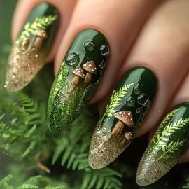 Green Press On Nails Medium Almond Fake Nails Gradient Acrylic Nails Press Ons With Cute Mushroom Designs Gold Glitter False Nails Full Cover Gue On Nail Glossy Stick On Nail For Women