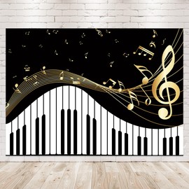 Newsely Piano Theme Backdrop 8Wx6H Photography Golden Musical Notes and Piano Keyboard Elegant Modern Trendy Background for Kids Men Women Party Decorations Banner Photo Booth Props Supplies