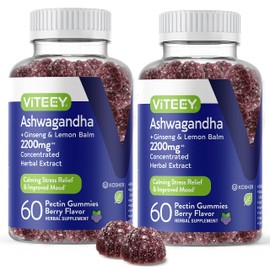 Viteey Ashwagandha Supplements Gummies with Ginseng & Lemon Balm Herbal Extract - Ashwagandha Gummies for Calm, Relax, Restore, Unwind - Vegan, Gelatin Free, Gluten Free - Tasty Chewable Berry Flavored