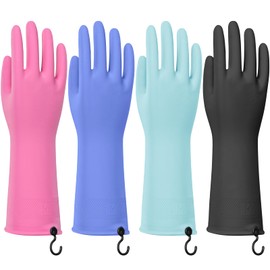 Petacffe Dishwashing Gloves for Kitchen, 4 Pairs Rubber Cleaning Household Dish Washing Latex Glove with Hanging Hook (Large)