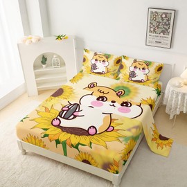 QOOMO Kawaii Hamster Bedding for Boys and Girls Sunflower Kids Sheets Set Cute Animals Super Soft Kids Bedding Set Full Size 1 Fitted Sheet, 1 Flat Sheet, 2 Pillow Cases Breathable Room Decoration