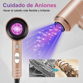 Secadora de Cabello, Secadoras Profesionales para Cabello 1800W, Secadora con Difusor para Rizos Ion Negativo, 3 Temperatura Ajustable y 2 Velocidades, Secadora de Pelo Portátil con Boquillas y Difusor para Hogar o Salón - Oro