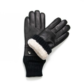 Women's Leather Gloves Made of Lambskin Nappa Lined with Merino Lambskin, with Knitted Cuff on the Wrist - Even Warmer, Women's Lambskin Gloves, black