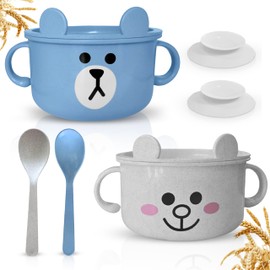 Unbreakable Bowls for Babies & Toddlers with Spoon and Lid, Eco-Friendly Wheat Straw, Stay Put Suction, BPA-Free, Microwave & Dishwasher Safe, Lightweight, No Odor or Soap Taste (Blue&White)