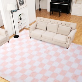 Super Soft Rug for Bedroom, 8x10 Ft Pink and White Area Rug Classic Checkered Shaggy Rug Anti-Skid High Pile Soft Fluffy Rug Fuzzy Carpet for Living Room Bedroom Kids Room Nursery, Dorm Home Decor