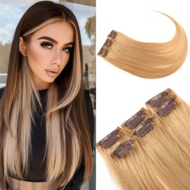 Bella Hair Clip-in Human Hair Extensions Real Human Hair - 30g 6pcs 20 inch Lightweight Straight Remy Human Hair Hairpieces for Highlights & Mix Shades - #27 Strawberry Blonde