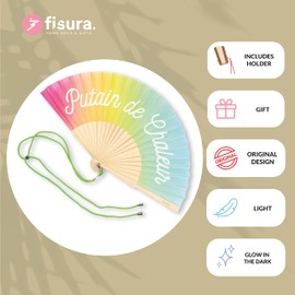 Fisura - Original handheld folding fan with message in french. wooden fan. Original holding Hand Fans. Fan with hanger included (Chaleur, rainbow)