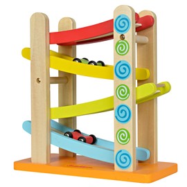 Eichhorn 100002220 - Autorennbahn, 4-tlg., 3x Fahrzeuge, 25x24 cm, Birkenholz Bunt