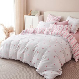 Nayoroom Pink Heart Duvet Cover Full Size Reversible Striped Comforter Cover 3 Pcs Girls Cute Hearts Coquette Bedding Set with Zipper Closure Valentine's Day Gifts