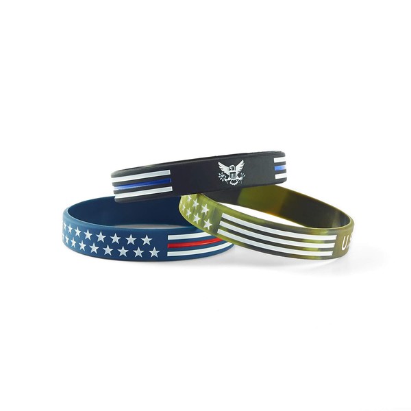 BRANDWINLITE Silicone Rubber Wristbands Bracelets with Red line American Flag Blue,Blue Line American Power Eagle Black and White Line Army Green for American Patriots, Army and Sport Fans