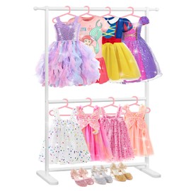Relquorax Bamboo Kids Clothing Rack with Dual Poles, Child Dress Up Rack, Clothing OrganizerRack, Small GarmentRack, Perfect for Costumes and Accessories (White)