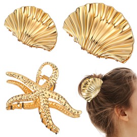 3Pcs Starfish Shell Gold Claw Clips, Metal Seashell Hair Clip, Shell Hair Clip for Women Girls, Strong Hold Decorative Beach Hairs Accessories(Large+Small)