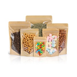 FireKylin 100 PCS Stand Up Pouches,5.5" x 7.9" Kraft Bags With Window Clear Fornt Pouches Resealable Zip Lock Food Storage Brown