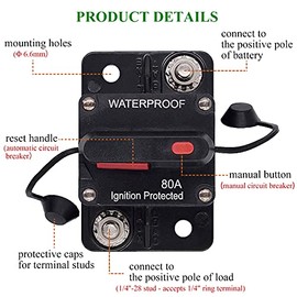 Zesugo Zesugo 80 Amp Circuit Breaker with Manual Reset for Car Audio/RV Solar/Boat Trolling Motor/Truck Inverter/Marine Amplifier, DC 12V- 48V Circuit Protector, Waterproof Surface-Mount Fuses