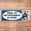 Please sit pee metal sign in blue comic style a