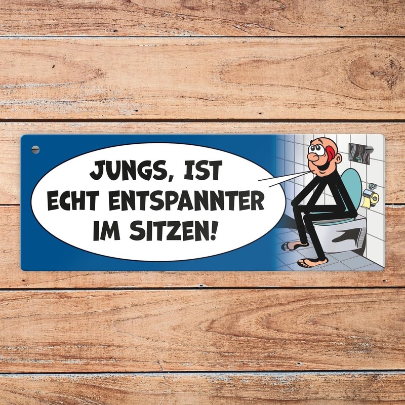 Please sit pee metal sign in blue comic style a