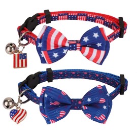 PTDECOR American Flag Cat Collar Breakaway with Cute Bow Tie Bell, 4th of July Cat Collar, Patriotic Bowtie Collars for Kittens