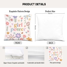 XUNLURY Girl Power Boho Floral Pillow Covers 18x18, Boho Girls Room Decor, Girls Decorative Pillow Covers, Female Women Empowerment Gifts, Inspirational Pillow Covers for Girls Room Nursery Playroom