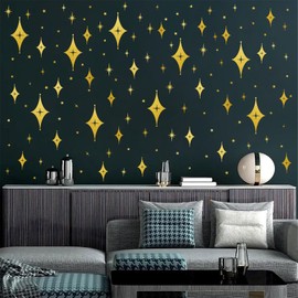 Star Wall Stickers Gold Starburst Wall Decals Peel and Stick Mid Century Modern Wall Art Decor Vinyl Decals Sparkle Art Murals for Nursery Kids Bedroom Living Room Ceiling Home Decoration