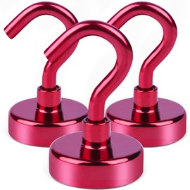 DIYMAG Magnetic Utility Hooks, 30Lbs Heavy Duty Rare Earth Neodymium Magnet Hooks with Nickel Coating for Kitchen, Garage, Cruise, Classroom, Workplace and Office etc, 3 Packs (Red)