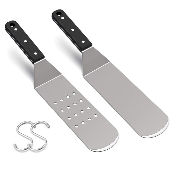 HaSteeL Metal Griddle Spatula, Stainless Steel Long Spatula with Riveted Handle, Heavy Duty Perforated & Solid Spatula Burger Turner for Teppanyaki BBQ Flat Top Grilling Cooking, Dishwasher Safe