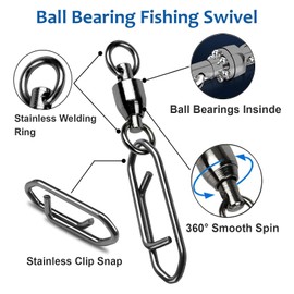 AMYSPORTS High Strength Snap Swivels Stainless Bearing Rolling Fishing Swivel Freshwater Snap Swivels Fishing Clip Steel Black Nickel, 25pcs, 166lbs