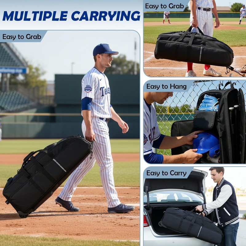Catchers Gear Bag with Wheels for 4 Bats, Rolling Baseball