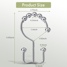 Amazer Shower Curtain Hooks Rings, Rust-Resistant Stainless Steel Double Shower Curtain Hooks, Shower Hooks for Shower Curtain and Liner Bathroom, Set of 12, Chrome