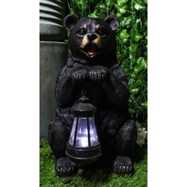 Rustic Garden Cute Black Bear Holding Solar Lantern Path Light Greeter Statue