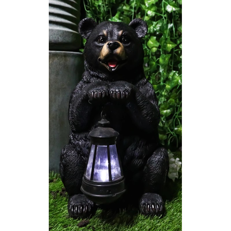 Rustic Garden Cute Black Bear Holding Solar Lantern Path Light