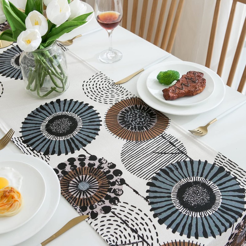 Table Runner Flowers Modern Abstract Table Runner Green Brown Table