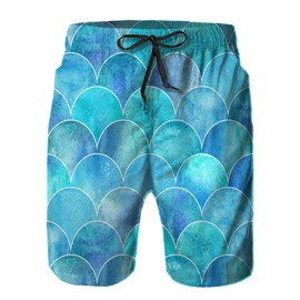 Mens Swim Trunks with Mesh Lining,Fish Scale Ocean Mermaid Wave 9 Inch Quick Dry Board Shorts Bathing Suit Swimsuit Beach Pants Swimwear 2XL