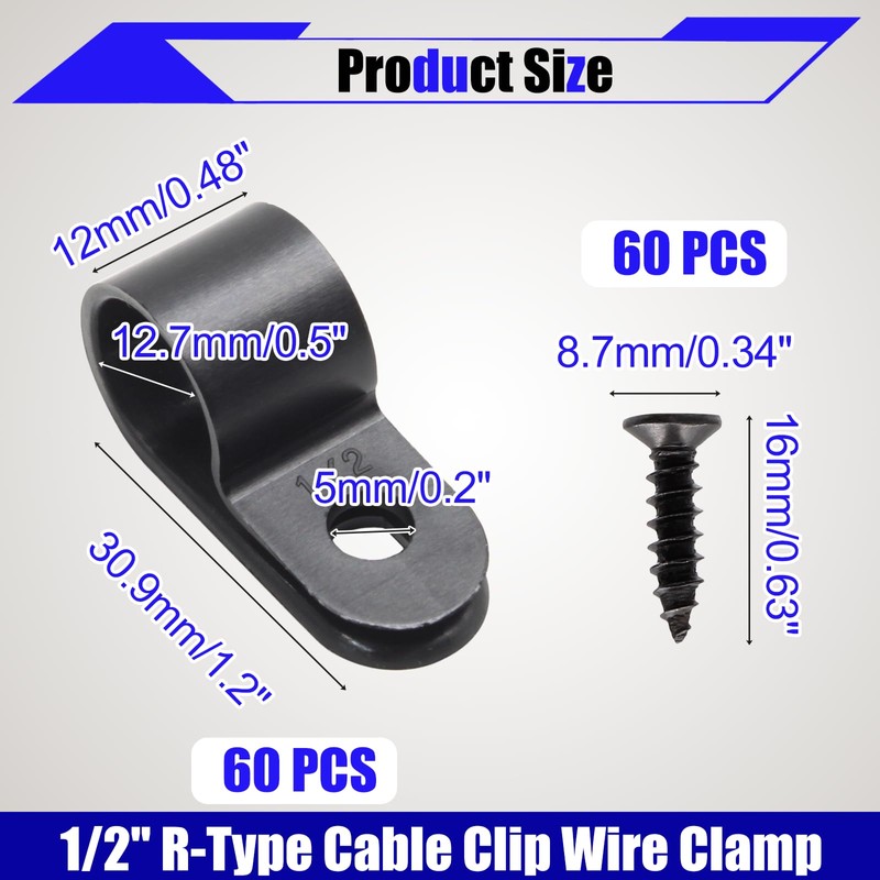 vibedor 60 Pcs R-Type Cable Clip Wire Clamp, 1/2 Inch